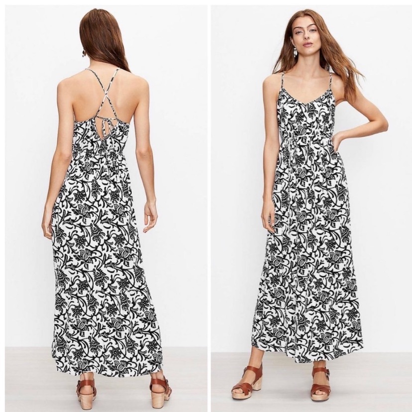Loft Black & White Floral Sleeveless Strappy Maxi Dress Size Medium Petite